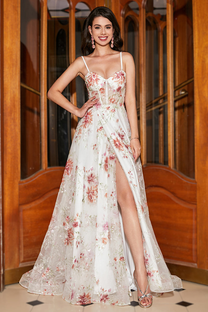 Laden Sie das Bild in den Galerie-Viewer, Elfenbeinblume Besticktes Langes Korsettkleid mit Schlitz