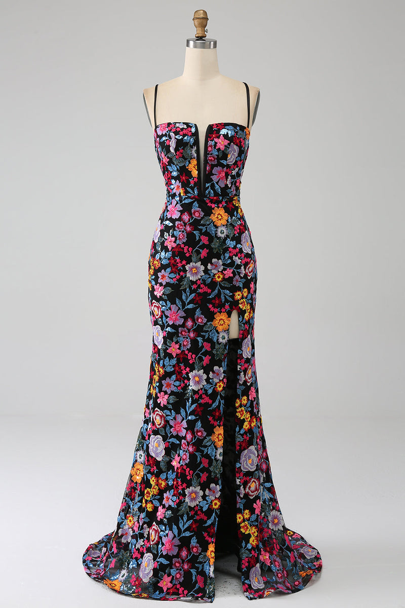 Laden Sie das Bild in den Galerie-Viewer, Schwarzes Meerjungfrauen Spaghettiträger Ballkleid mit Blumen Besticktes und Schlitz