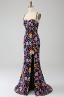 Laden Sie das Bild in den Galerie-Viewer, Schwarzes Meerjungfrauen Spaghettiträger Ballkleid mit Blumen Besticktes und Schlitz