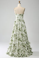 Laden Sie das Bild in den Galerie-Viewer, Grünes A-Linie Spaghettiträger Bedrucktes Langes Ballkleid mit Schlitz