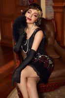 Laden Sie das Bild in den Galerie-Viewer, Schwarz & Rot Kurze Pailletten 1920er Jahre Flapper Kleid