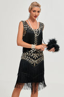 Laden Sie das Bild in den Galerie-Viewer, Schwarzes Flapper 1920er Jahre Gatsby Kleid mit Pailletten und Fransen