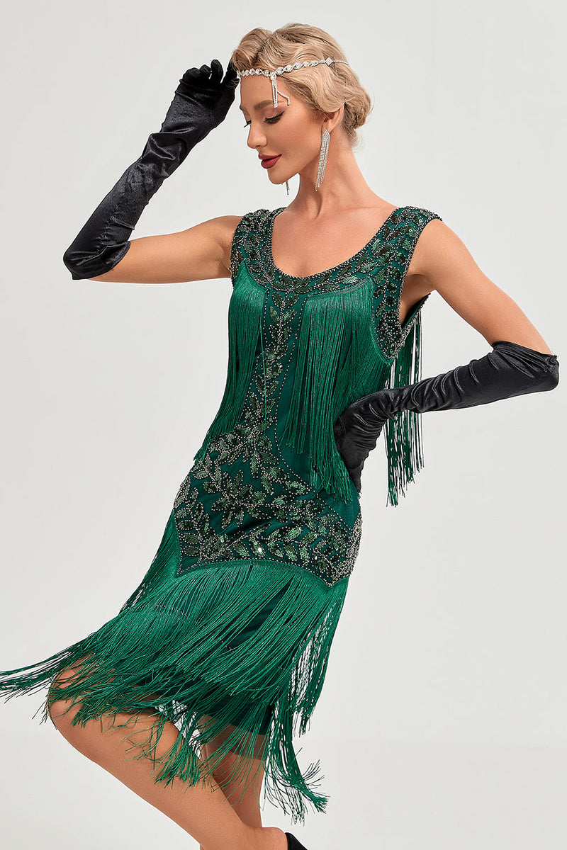 Laden Sie das Bild in den Galerie-Viewer, Schwarzes Flapper 1920er Jahre Gatsby Kleid mit Pailletten und Fransen