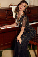 Laden Sie das Bild in den Galerie-Viewer, Pailletten Dunkelgrün Langes Kleid aus den 1920er Jahren