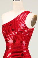 Laden Sie das Bild in den Galerie-Viewer, Billiges Etui Eine Schulter Rote Pailletten Kurzes Cocktaulkleider mit Stern