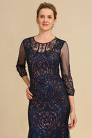 Laden Sie das Bild in den Galerie-Viewer, Marineblaues Pailletten 3/4 Ärmel Mermaid Brautmutter Kleid