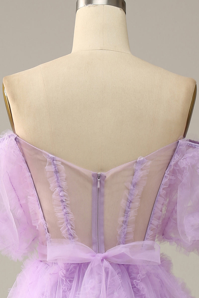 Laden Sie das Bild in den Galerie-Viewer, Lila Tüll Schulterfreies Ballkleid