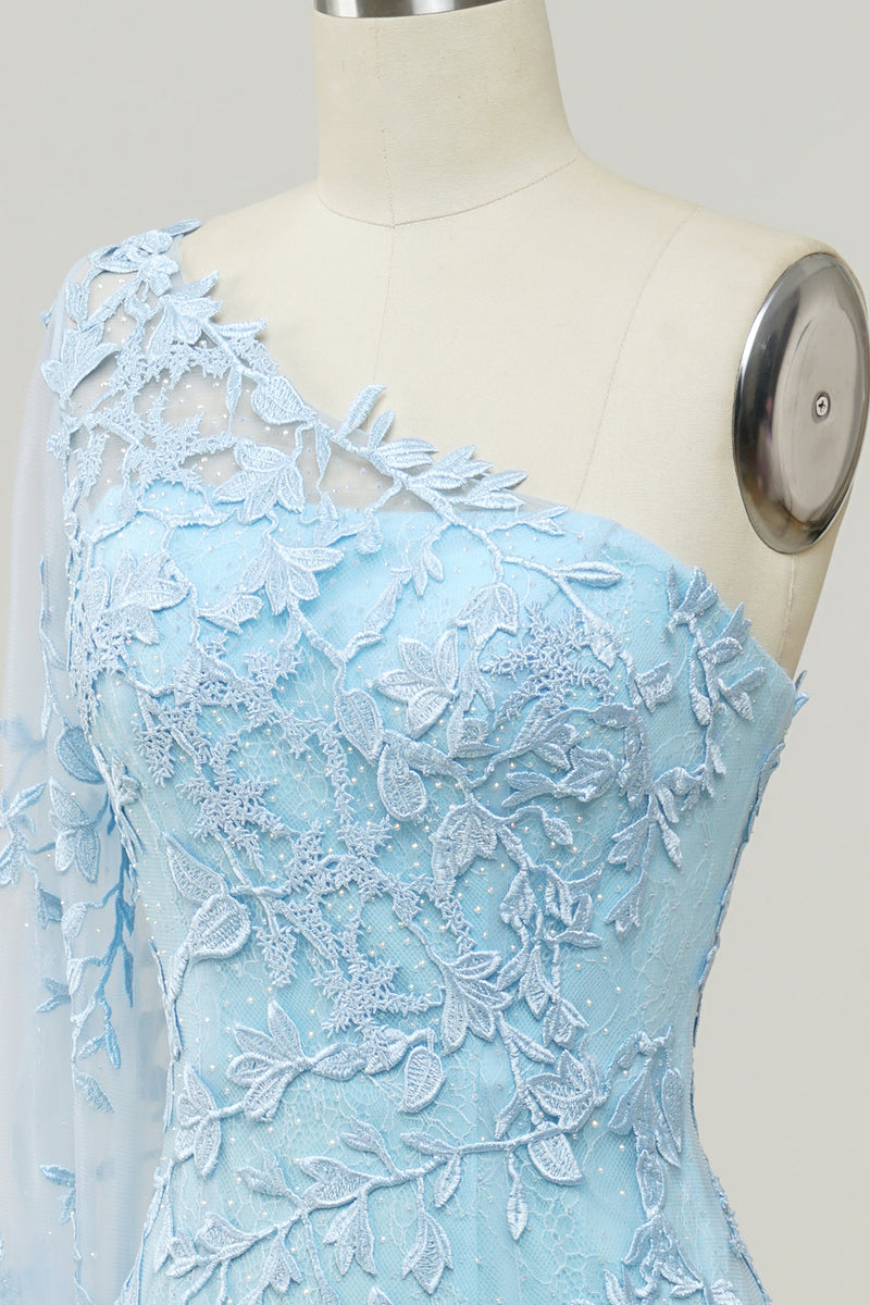 Laden Sie das Bild in den Galerie-Viewer, Himmelblau Eine Schulter Meerjungfrau Ballkleid mit Applikationen