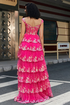 Trendiges Schulterfreies Fuchsiaes Korsett-Ballkleid mit Schlitz Vorne