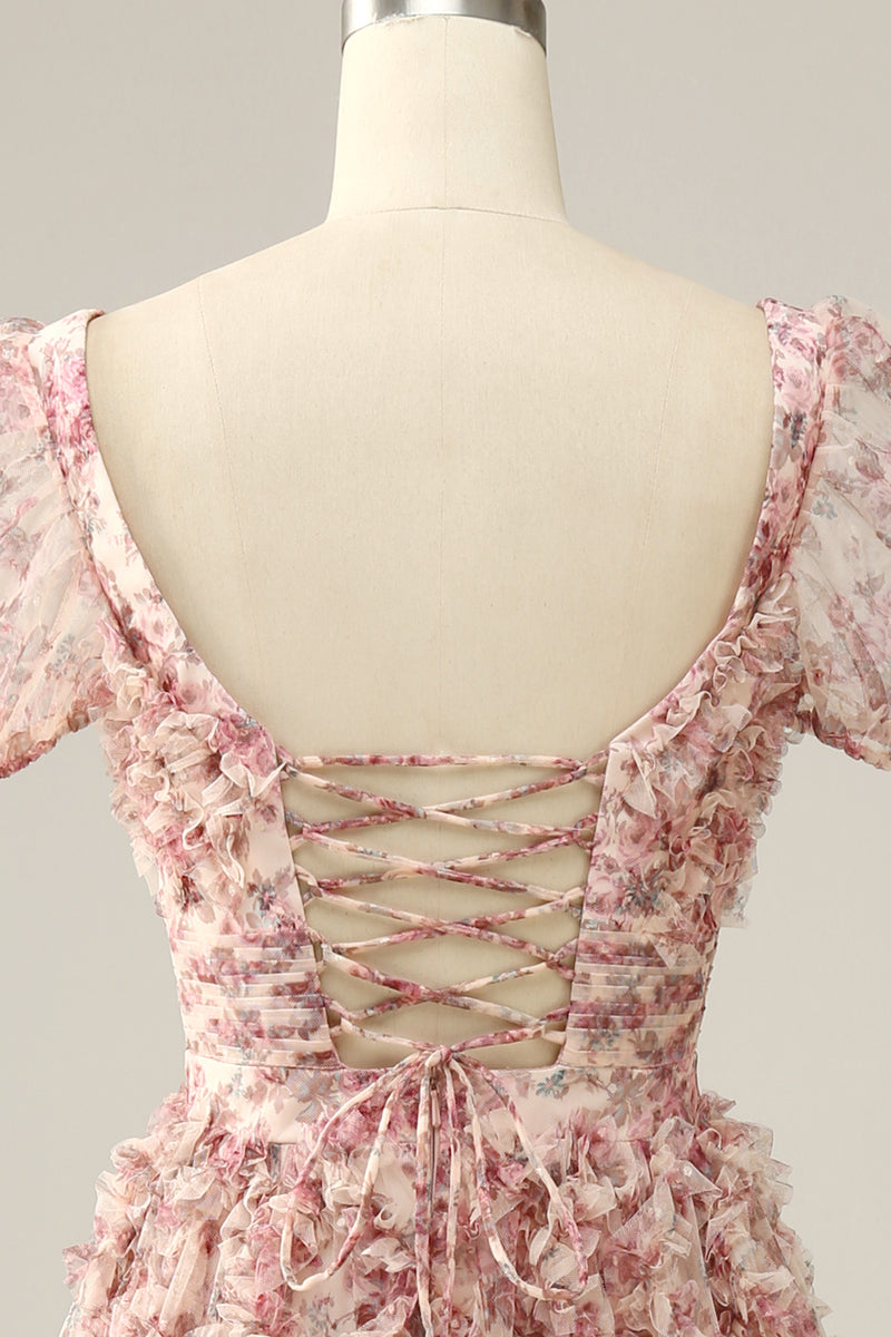 Laden Sie das Bild in den Galerie-Viewer, Elfenbein rote Blume Quadratischer Ausschnitt Ballkleid