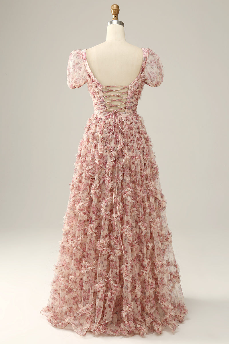 Laden Sie das Bild in den Galerie-Viewer, Elfenbein rote Blume Quadratischer Ausschnitt Ballkleid