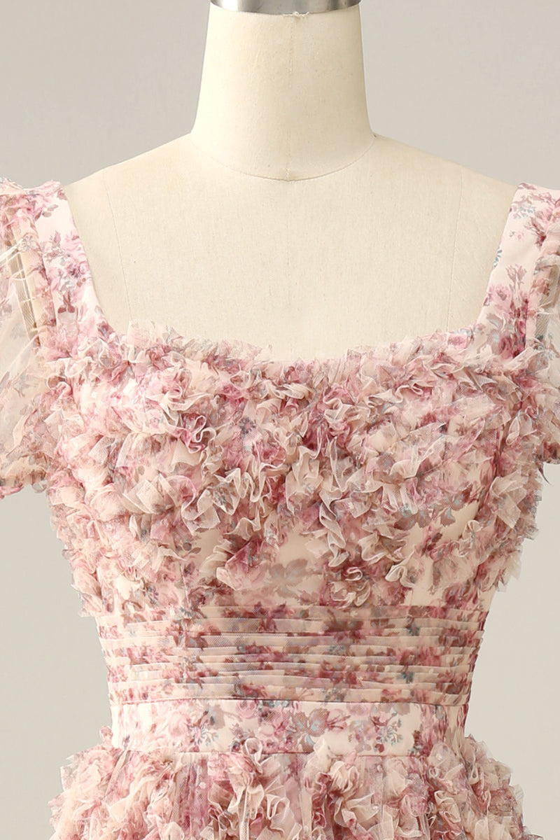 Laden Sie das Bild in den Galerie-Viewer, Elfenbein rote Blume Quadratischer Ausschnitt Ballkleid