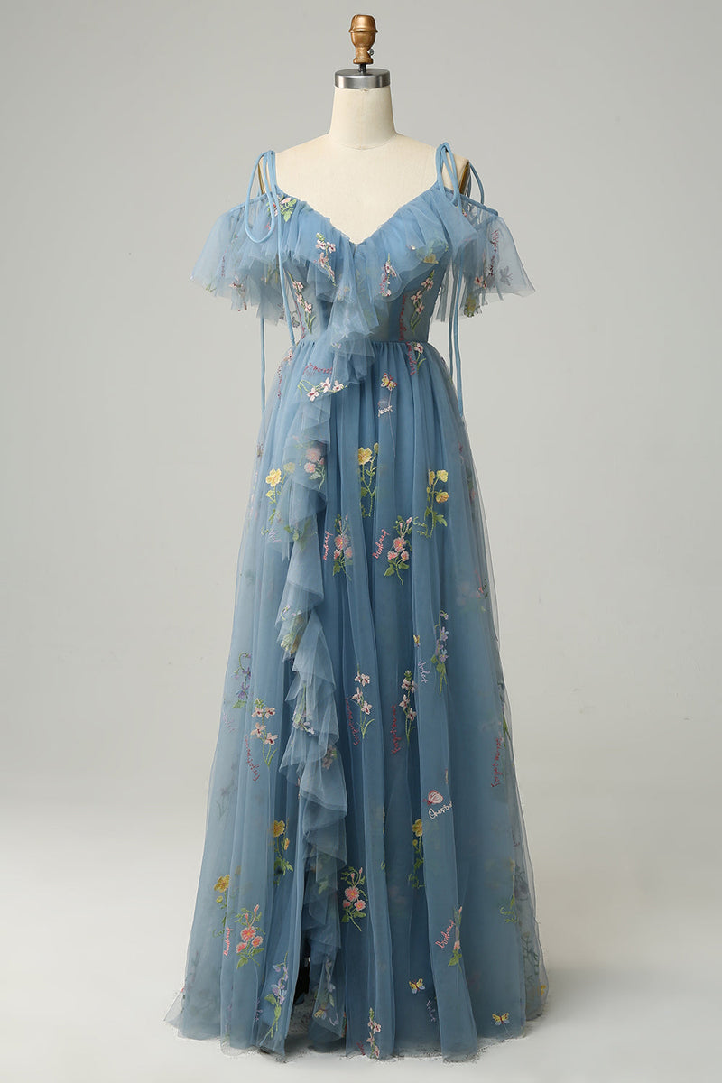 Laden Sie das Bild in den Galerie-Viewer, Frauen Lange Stickerei Tüll Ballkleid Lavendel V-Ausschnitt Spaghettiträger A-Linie Abendkleid