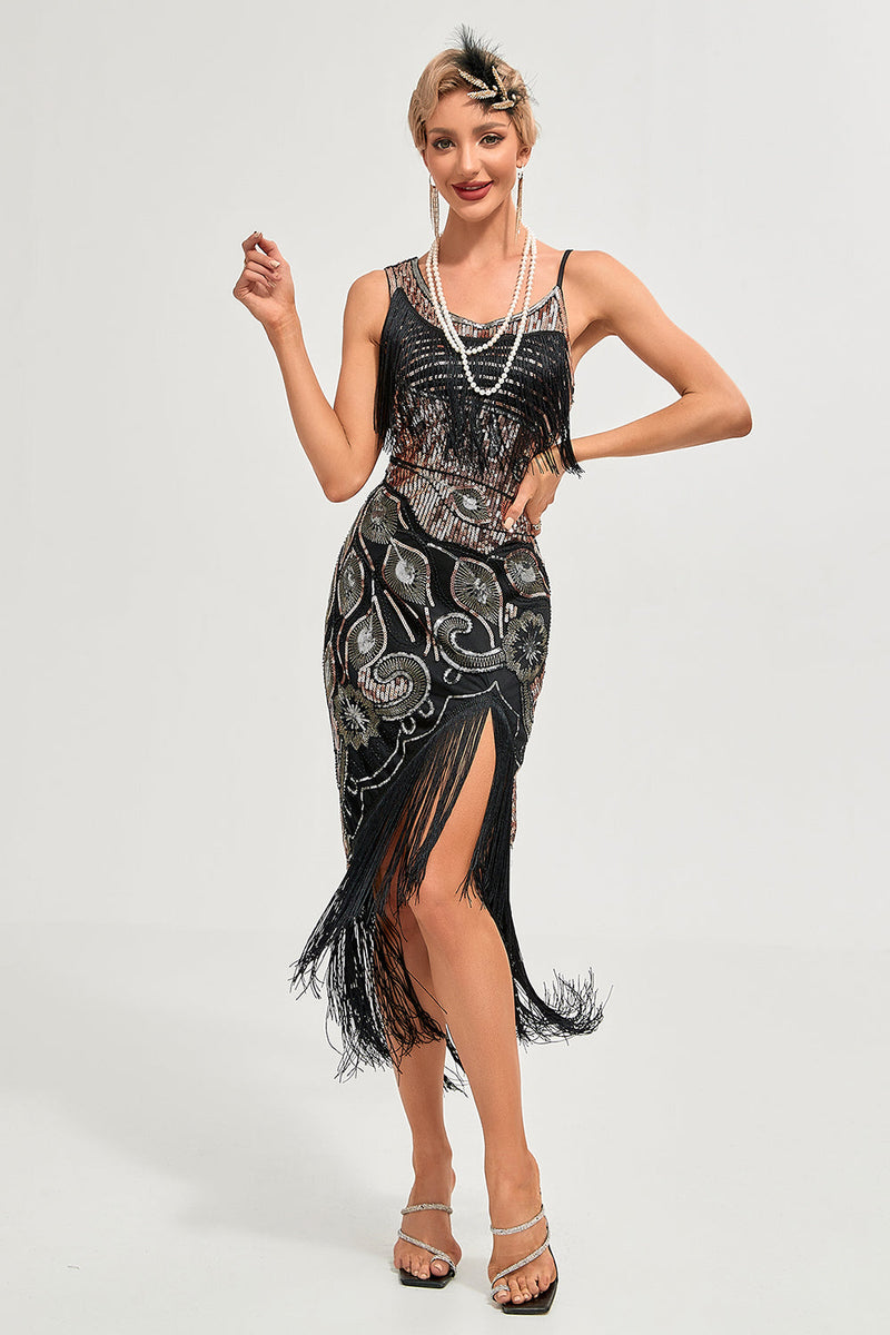Laden Sie das Bild in den Galerie-Viewer, Schwarzes Spaghettiträger-Gatsby-Flapper-Kleid mit Fransen