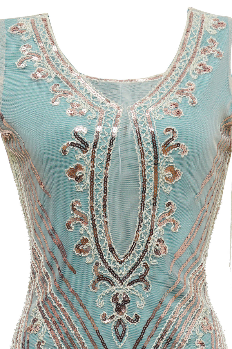 Laden Sie das Bild in den Galerie-Viewer, Grüne schulterfreie Scheide Paillettenkleid aus den 1920er Jahren mit Quasten