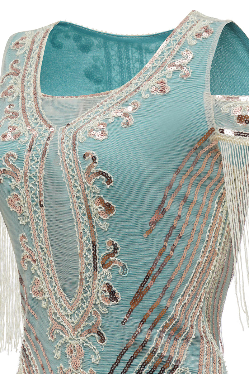 Laden Sie das Bild in den Galerie-Viewer, Grüne schulterfreie Scheide Paillettenkleid aus den 1920er Jahren mit Quasten