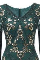 Laden Sie das Bild in den Galerie-Viewer, Schwarzes langes Flapper-Kleid mit V-Ausschnitt aus den 1920er Jahren und Pailletten und Fransen