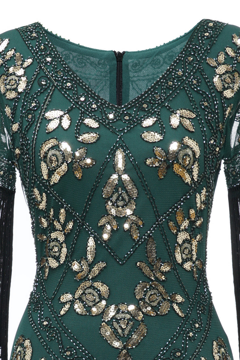 Laden Sie das Bild in den Galerie-Viewer, Schwarzes langes Flapper-Kleid mit V-Ausschnitt aus den 1920er Jahren und Pailletten und Fransen