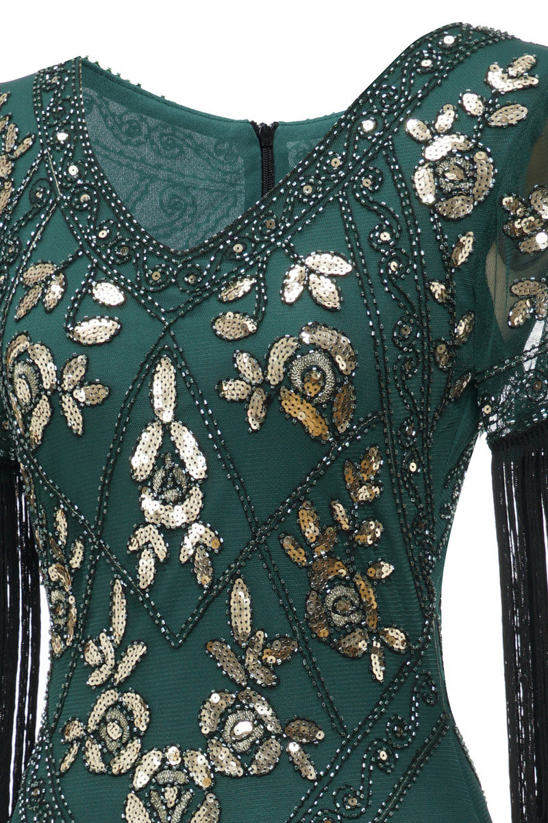 Laden Sie das Bild in den Galerie-Viewer, Schwarzes langes Flapper-Kleid mit V-Ausschnitt aus den 1920er Jahren und Pailletten und Fransen