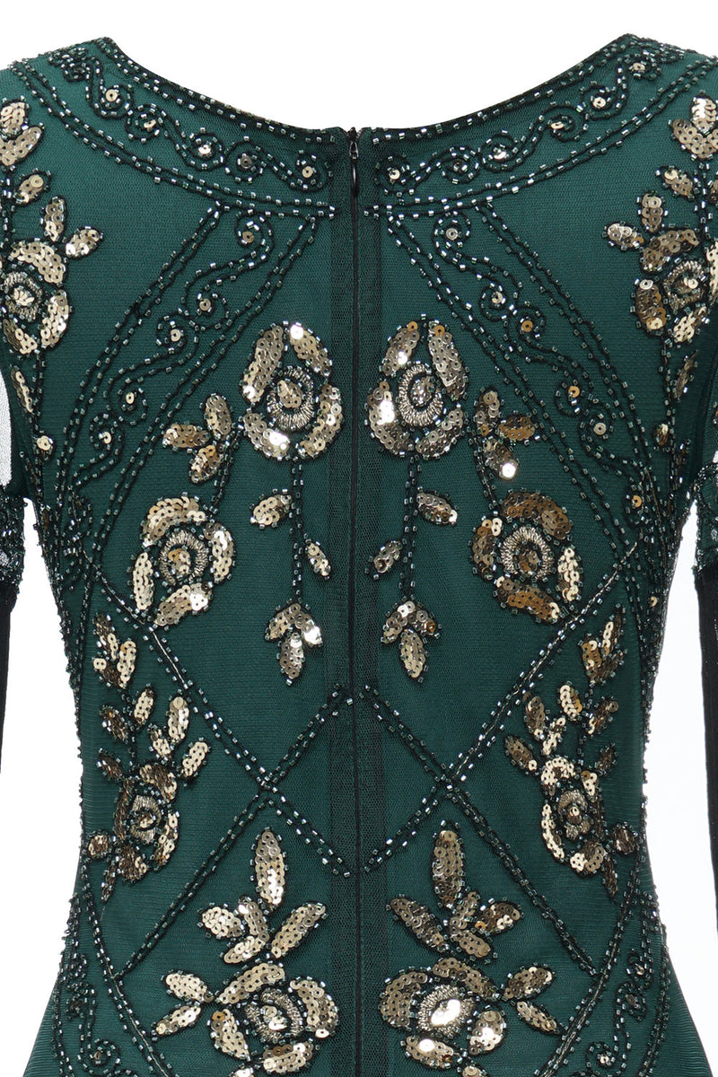 Laden Sie das Bild in den Galerie-Viewer, Schwarzes langes Flapper-Kleid mit V-Ausschnitt aus den 1920er Jahren und Pailletten und Fransen