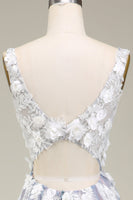 Laden Sie das Bild in den Galerie-Viewer, Wunderschönes Grau-rosa A-Line Tiefe V-Ausschnitt Langes Ballkleid mit Applikationen