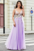 Laden Sie das Bild in den Galerie-Viewer, Wunderschönes A-Linien Spaghettiträger Lila Langes Abschlussballkleid mit Applikationen