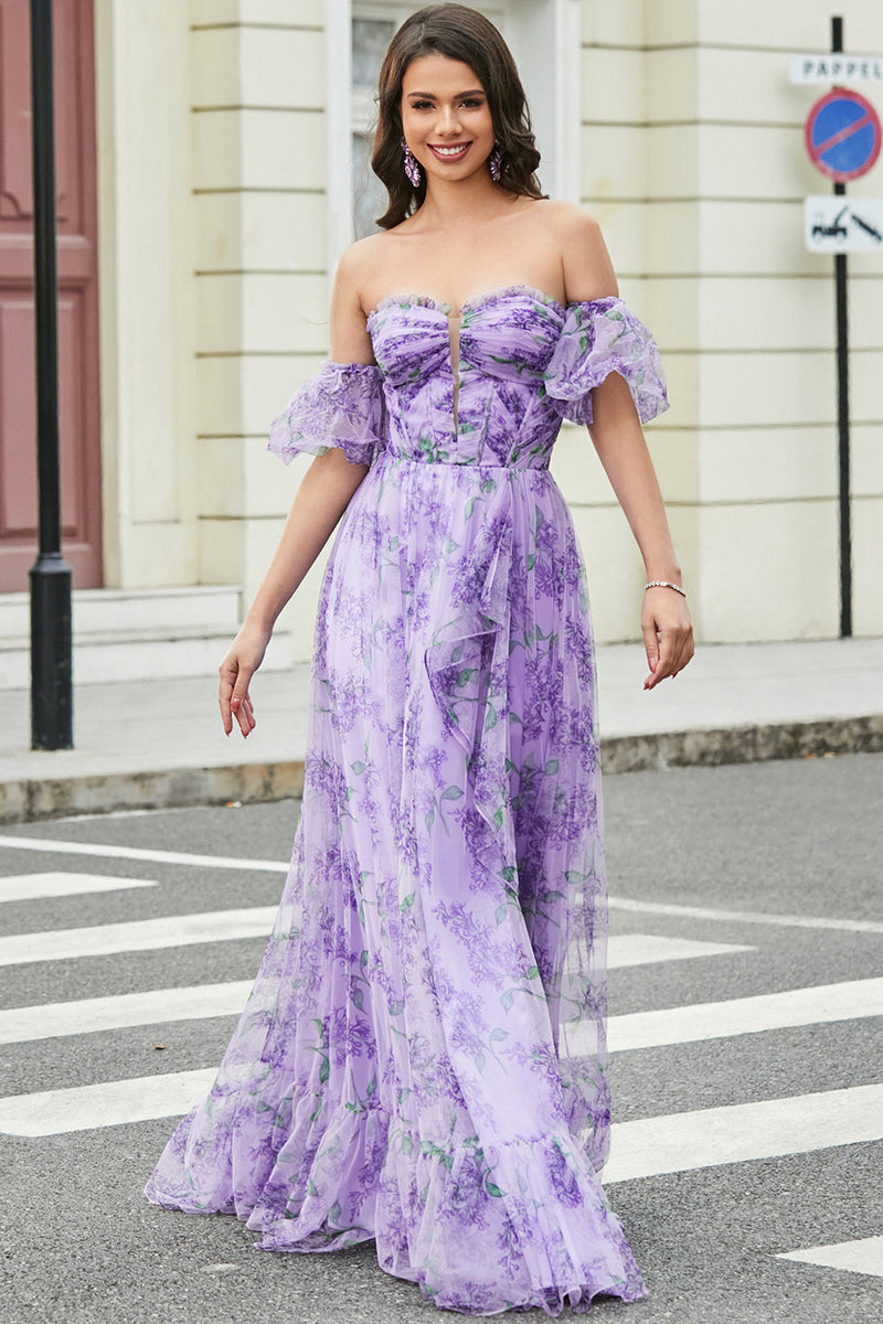 Laden Sie das Bild in den Galerie-Viewer, Laveendel Bedrucktes A-Linien Ballkleid mit Abnehmbaren Ärmeln