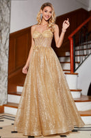 Laden Sie das Bild in den Galerie-Viewer, Goldenes Glitzerkorsett Langes Ballkleid mit Blumen