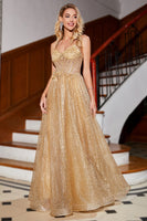 Laden Sie das Bild in den Galerie-Viewer, Goldenes Glitzerkorsett Langes Ballkleid mit Blumen
