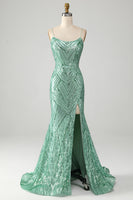 Laden Sie das Bild in den Galerie-Viewer, Grünes Meerjungfrau Glitzerndes Pailletten Abschlussballkleid mit Schlitz