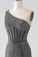 Laden Sie das Bild in den Galerie-Viewer, Glitzerndes schwarzes Meerjungfrauen-Korsett-Ballkleid mit einer Schulter