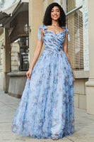 Laden Sie das Bild in den Galerie-Viewer, Blaues A-Linien Verstellbares Trägeres Abschlussballkleid mit Drucken