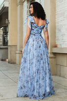 Laden Sie das Bild in den Galerie-Viewer, Blaues A-Linien Verstellbares Trägeres Abschlussballkleid mit Drucken