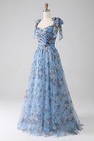 Laden Sie das Bild in den Galerie-Viewer, Lavendeles A-Linie Langes Ballkleid mit Drucken und Verstellbaren Trägern