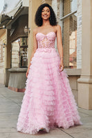 Laden Sie das Bild in den Galerie-Viewer, Rosaes A-Linie Trägerloses Gestuftes Langes Korsett Ballkleid mit Spitze