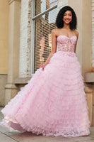 Laden Sie das Bild in den Galerie-Viewer, Rosaes A-Linie Trägerloses Gestuftes Langes Korsett Ballkleid mit Spitze