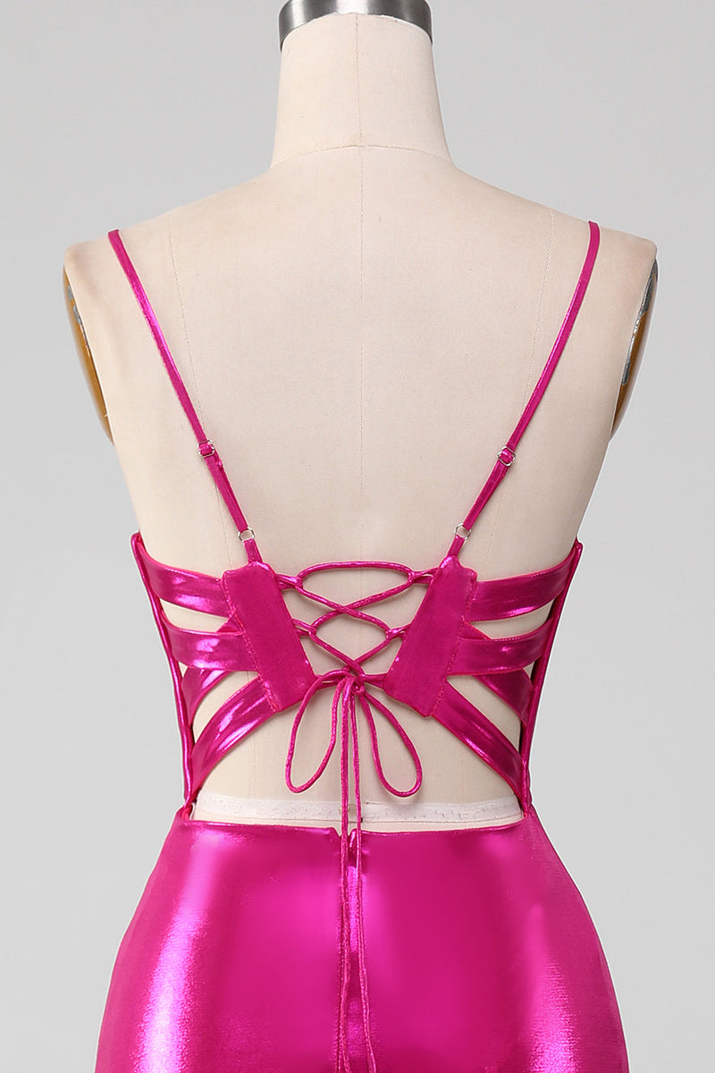 Laden Sie das Bild in den Galerie-Viewer, Glitzerndes, pinkfarbenes Meerjungfrauen-Kleid für den Abschlussball mit Schlitz