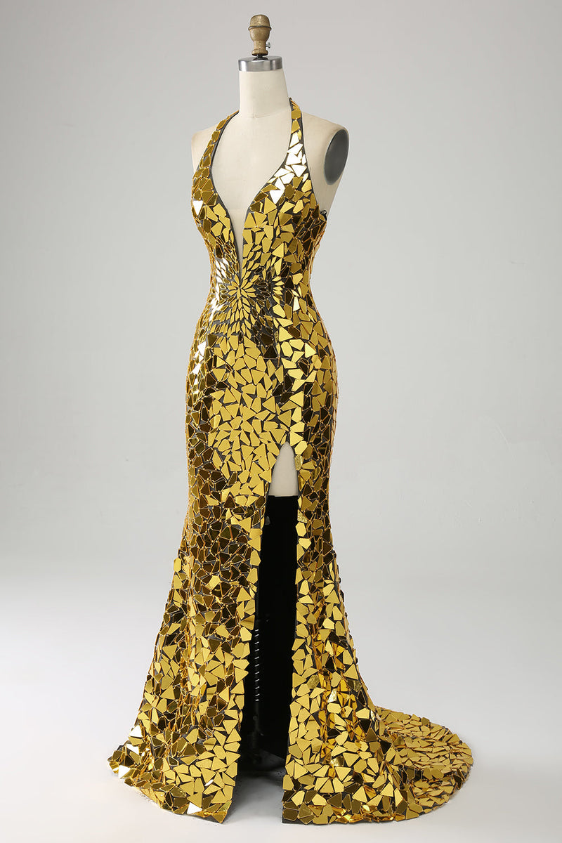 Laden Sie das Bild in den Galerie-Viewer, Goldenes Meerjungfrauen Neckholder Ballkleid mit Tiefem V-Ausschnitt