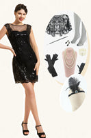 Laden Sie das Bild in den Galerie-Viewer, Schwarz Pailletten 1920er Jahre Gatsby Kleid mit 20er Jahre Accessoires Set