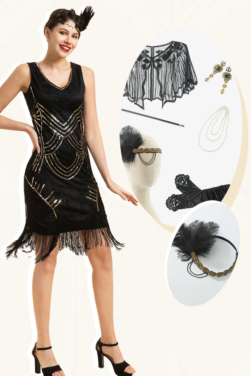 Laden Sie das Bild in den Galerie-Viewer, Schwarze Paillettenfransen 1920er Jahre Gatsby Flapper Kleid mit 20er Jahre Accessoires Set