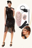 Laden Sie das Bild in den Galerie-Viewer, Schwarze Paillettenfransen 1920er Jahre Gatsby Flapper Kleid mit 20er Jahre Accessoires Set