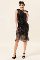 Laden Sie das Bild in den Galerie-Viewer, Schwarze Paillettenfransen 1920er Jahre Gatsby Flapper Kleid mit 20er Jahre Accessoires Set