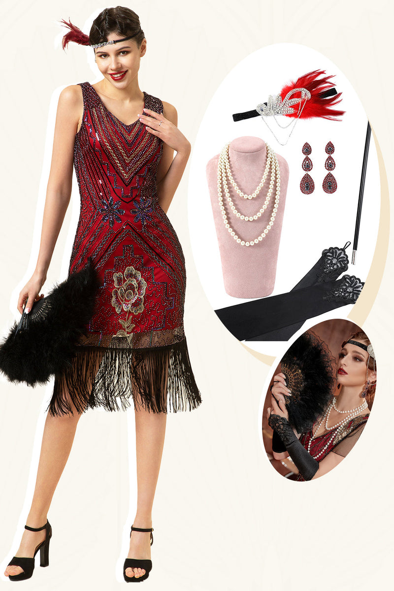 Laden Sie das Bild in den Galerie-Viewer, Burgunderrot Pailletten Fransen 1920er Jahre Gatsby Flapper Kleid mit 20er Jahre Accessoires Set