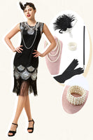 Laden Sie das Bild in den Galerie-Viewer, Schwarz und Silber Pailletten Fransen 1920er Jahre Gatsby Flapper Kleid mit 20er Jahre Accessoires Set