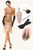 Laden Sie das Bild in den Galerie-Viewer, Rosa Kappenärmel Paillettenfransen 1920er Jahre Gatsby Flapper Kleid mit 20er Jahre Accessoires Set