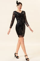 Laden Sie das Bild in den Galerie-Viewer, Schwarz Pailletten lange Ärmel 1920er Jahre Gatsby Flapper Party Kleid mit 20er Jahre Accessoires Set