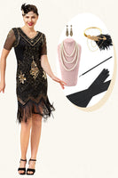 Laden Sie das Bild in den Galerie-Viewer, Schwarz und Golden Kurzärmel Pailletten Fransen 1920er Jahre Gatsby Flapper Kleid mit 20er Jahre Accessoires Set