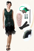 Laden Sie das Bild in den Galerie-Viewer, Grünes Fransen-Gatsby-Kleid mit 20er Jahre Accessoires Set