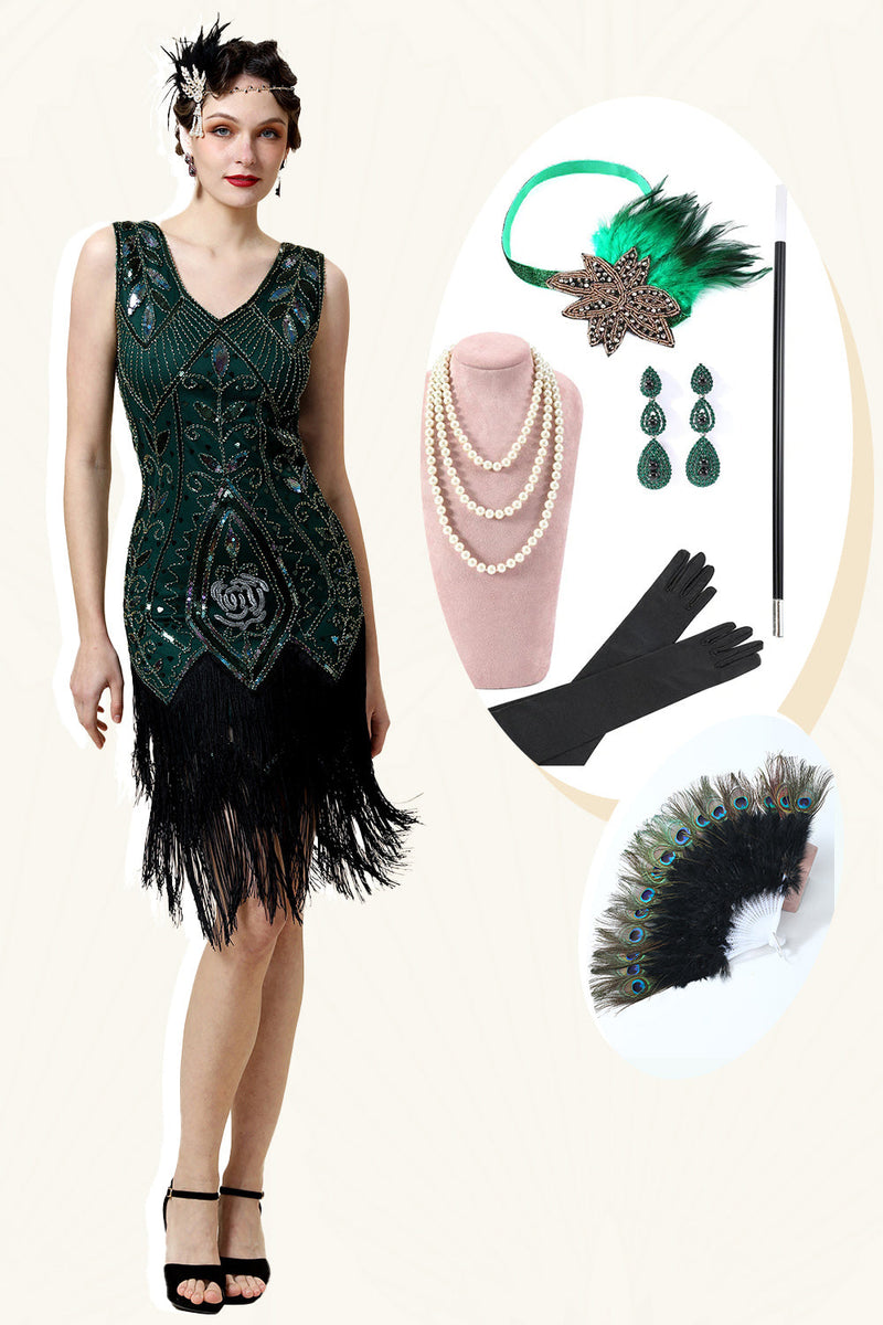 Laden Sie das Bild in den Galerie-Viewer, Grünes Fransen-Gatsby-Kleid mit 20er Jahre Accessoires Set