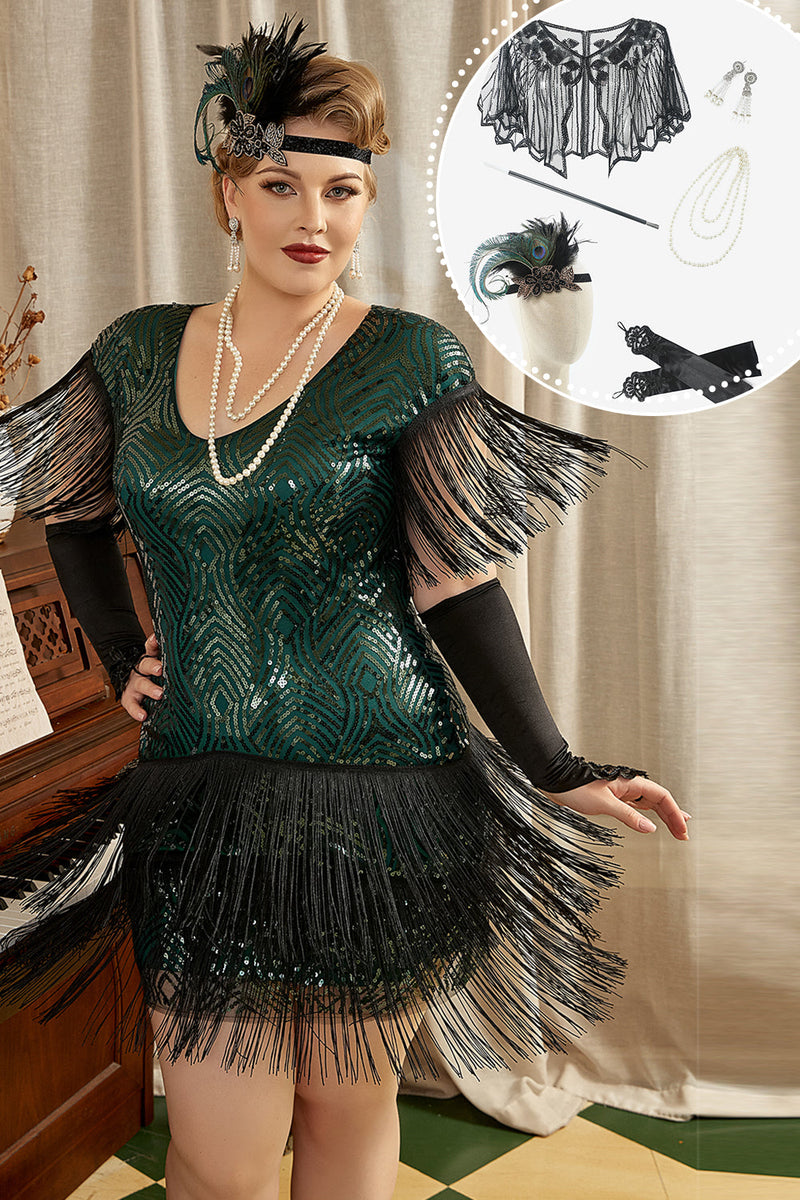 Laden Sie das Bild in den Galerie-Viewer, Grünes Plus Size 1920er Jahre Gatsby Kleid mit 20er Jahre Zubehör Set